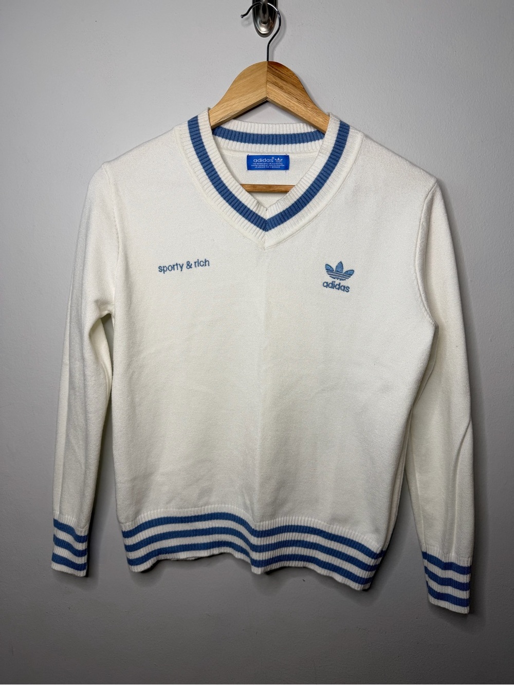 adidas V-Neck Sweater in White with Blue Trim